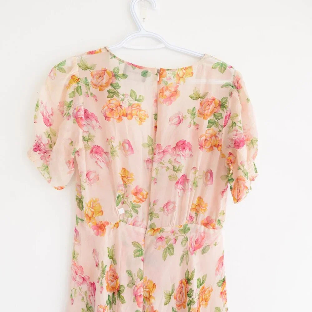 Kooples Antique Pink Floral 100% Silk Puff Sleeve Button Down Slip Midi Dress - Picture 12 of 14